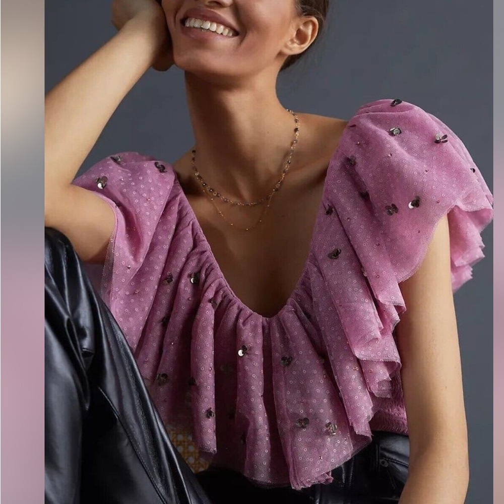 Anthropologie Mauve Ruffled Textured sequin Blouse 51422 - Picture 5 of 12